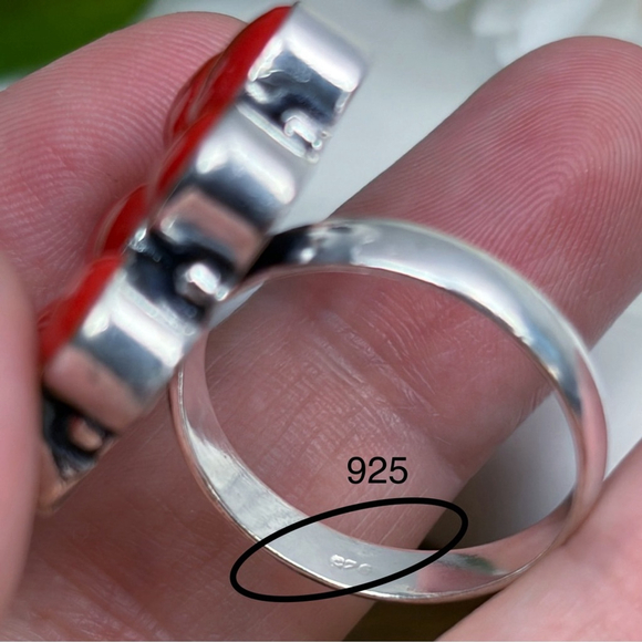 Red Coral Ring Size 9 Sterling Silver 925 Flower Cluster Vintage Southwest - Picture 8 of 10